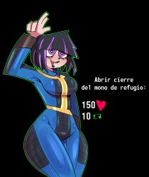 black_hair blush fallout fallout_new_vegas lavtheghost no_artist_signature original_character peace_sign purple_eyes purple_highlights purple_lipstick shark_teeth strip_game vault_suit