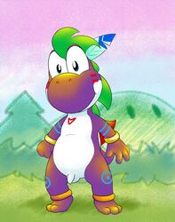 1boy alternate_version_available anthro balls barefoot bigger_version_at_the_source charmandrigo flaccid green_hair hair looking_at_viewer male male_only mario_(series) nintendo outside penis smile solo tribal uncut video_games yoshi yoshi's_island young