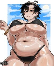 1girls akira404040 asian_female beauty_mark bikini busty chubby cleavage female female_only huge_ass huge_breasts light-skinned_female light_skin mature_female milf neru_(akira404040) smiling summer sweat thick thick_ass thick_thighs wide_hips