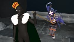 1boy 1girls 3d blue_hair breasts cleave_gag clorinde_(genshin_impact) dark-skinned_male duo female fontaine_girls gag genshin_impact kidnapping male mmd nah pavro