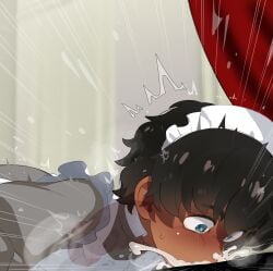 1boy absurdres black_hair blue_eyes commentary_request dark-skinned_female dark_skin deepthroat fellatio female gundam gundam_gquuuuuux heart heart-shaped_pupils highres maid maid_headdress mizumizuni oral penis short_hair solo_focus straight symbol-shaped_pupils vani_(gundam)
