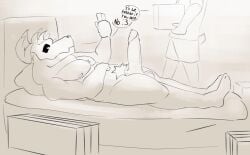 aimskull american_mythology anthro bed big_muscles black_body black_fur bodily_fluids bone box container deer demon digital_drawing_(artwork) digital_media_(artwork) duo foreskin fur furniture genital_fluids genitals greyscale hi_res holding_object horn huge_muscles humanoid indigenous_north_american_mythology leaking leaking_precum looking_at_porn lying male mammal monochrome monster muscles muscular mythological_creature mythology north_american_mythology on_back penile penis penis_tip pornography precum pubes pupils raised_tail rubble side_view signature simple_background skull skull_head speech_bubble tail teeth text uncircumcised wendigo white_pupils