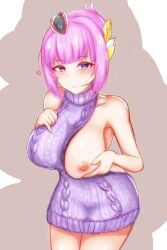 1girls areolae bangs bare_shoulders blush breasts character_request female female_focus female_only hair_ornament heart light-skinned_female light_skin looking_at_viewer medium_breasts medium_hair monster_strike nipples one_breast_out pink_hair purple_eyes simple_background smile solo solo_female solo_focus standing sweater thighs virgin_killer_sweater zetsuhei_no_roran
