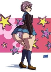axel-rosered big_butt blue_socks brown_shoes butt butt_expansion butt_focus clothing female huge_butt large_butt nagato_yuki panties skirt stars suzumiya_haruhi_no_yuuutsu white_panties