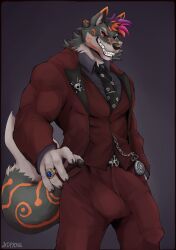 absurd_res anthro asmodegan big_bulge big_muscles biped black_sclera bulge canid canine clock clothing demon detailed_bulge erection erection_under_clothing fox genital_outline hi_res huge_bulge hybrid kopyorh male male_anthro mammal muscles muscular muscular_anthro muscular_male penis penis_outline pocketwatch red_eyes solo suit watch