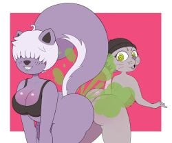 2girls abstract_background ass_to_ass beanie bent_over bumping_asses fart fart_cloud fart_fetish farting female furry furry_female furry_only hair_covering_eyes looking_back purple_fur skunk smiling surprised surprised_expression tail