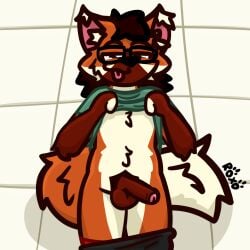 anthro blep bottomwear bottomwear_down canid canine clothed clothing clothing_lift erection eyewear foreskin fur genitals glasses green_clothing green_shirt green_topwear humanoid_genitalia humanoid_penis inner_ear_fluff looking_at_viewer male mammal maned_wolf orange_body orange_fur partially_clothed penis presenting red_clothing red_underwear roxo_(artist) shirt shirt_lift shorts shorts_down signature solo tongue tongue_out topwear tuft uncircumcised underwear underwear_down