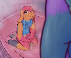 ambiguous_gender anthro bodily_fluids chest_tuft domestic_rabbit duo genital_fluids hair hi_res high-angle_view kneeling lagomorph leporid looking_at_viewer lop_rabbit male mammal one_eye_closed oryctolagus rabbit ray_karr ray_karr_bunny_(ray_karr) simple_background tuft urine urine_on_chest urine_on_face urine_on_ground watersports wet_hair