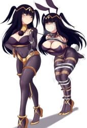 animal_ears armbinder bagelbomb black_hair blush bodystocking bondage breasts bunny_ears bunny_tail cleavage covered_navel doppelganger female fire_emblem fire_emblem_awakening high_heels intelligent_systems large_breasts long_hair multiple_views nintendo tail tharja tharja_(fire_emblem) two_side_up