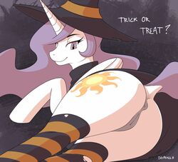 2015 alicorn animal_genitalia anus ass clothed clothing cutie_mark devo87 dock english_text equine equine_pussy female feral friendship_is_magic hair halloween hat holidays horn legwear long_hair lying mammal my_little_pony on_side princess_celestia_(mlp) pussy smile solo striped striped_legwear stripes text wings witch_hat