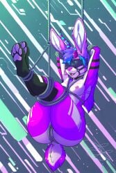 anthro ass big_butt bondage bondage bound breasts covered_eyes female franklyfurry fur genitals hair hare harness hi_res knot lagomorph leporid mammal nipples nude open_mouth rabbit restraints rope rope_bondage smile solo suspension tail teeth tongue