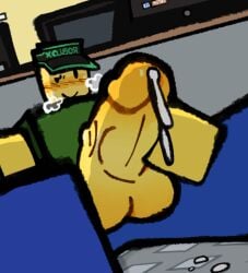 1boy accidental_repost big_cock black_eyes blocky_body blue_pants cashier cashier_(gasa4) cum cum_drip dripping_cum dripping_semen get_a_snack_at_4_am green_shirt green_visor looking_at_cock male masturbation nirkube panting penis roblox roblox_game robloxian smile solo under_view yellow_blush yellow_cock yellow_penis yellow_skin