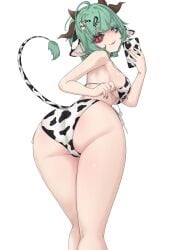 1girls ass ass_focus big_ass big_breasts big_butt big_thighs blush bra breasts butt_focus clothed clothed_female clothes clothes_pull clothing cow_ears cow_girl cow_print_bra cow_print_panties cow_print_phone cowgirl crelly ear_markings female female_focus female_only fingers green_hair grin grinning grinning_at_viewer hair hair_accessory hair_clips hair_ornament heterochromia horn horns indie_virtual_youtuber light-skinned light-skinned_female light_skin looking_at_viewer looking_back looking_back_at_viewer open_mouth open_mouth_smile open_smile panties panty_pull phone phone_flash pink_nail_polish pink_nails pulling_panties red_eye red_iris ritspi short_hair short_hair_female tail tail_markings twitch underwear underwear_only virtual_youtuber vtuber white_background white_eye white_iris
