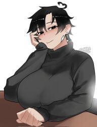 1girls akira404040 asian_female beauty_mark busty chubby female female_only huge_breasts light-skinned_female light_skin mature_female milf neru_(akira404040) romantic sweater thick