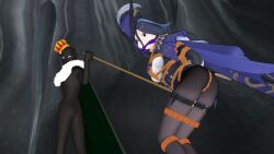 1boy 1girls 3d ass blue_hair breasts cleave_gag clorinde_(genshin_impact) dark-skinned_male duo female fontaine_girls gag genshin_impact kidnapping male mmd nah pavro