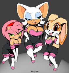 3girls amy_rose amy_the_bat annoyed breasts cleavage cosplay cream_the_rabbit female female_only furry furry_only pink_hair rouge_the_bat rouge_the_bat_(cosplay) sega smile sonic_(series) tight_clothing voluptuous xylas