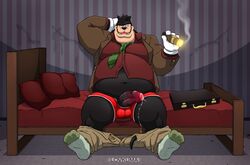 anthro bed cigar clothing disney erection feet feline goof_troop lovkuma male male_only mammal overweight pants pants_down penis peter_pete_sr. smoke smoking socks solo suit uncut