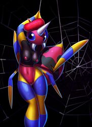 anthro arachnid ariados arthropod beret breasts elpatrixf female hat horn insects looking_at_viewer navel nintendo nipples nude pokemon pokemorph pussy red_nipples solo spider spider_web