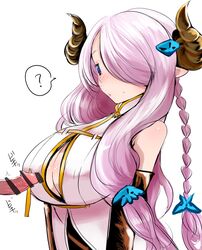 ? bar_censor bare_shoulders black_gloves blue_eyes blush breasts butterfly_hair_ornament censored demon_horns draph_race_(granblue_fantasy) elbow_gloves female gloves granblue_fantasy hair_ornament hair_over_one_eye han_(jackpot) horns large_breasts lavender_hair long_hair narmaya_(granblue_fantasy) penis pointy_ears solo