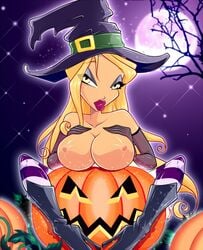 1girls 4kids_entertainment amber_eyes bare_shoulders big_lips blonde_hair breasts color daphne_(winx_club) elbow_gloves eyeshadow female gloves halloween hat high_heels holding_breasts hugging jack-o'-lantern large_breasts legs_crossed lips lipstick long_hair looking_at_viewer makeup nickelodeon nipples pressing_breasts_together rainbow_(animation_studio) shoes sitting solo stockings thighhighs winx_club witch_hat yellow_eyes zfive