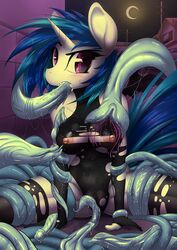 2015 anthro anthrofied areola blue_hair breasts cameltoe clothes cum cum_in_mouth cum_inside equine female friendship_is_magic hair horn looking_at_viewer mammal mirapony my_little_pony nipples oral outdoors penis_tentacles solo spread_legs spreading sweat tentacle torn_clothes unicorn vinyl_scratch_(mlp)