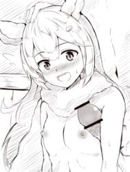 1boy :d animal_ears armpit_sex blush censored female ferry_(granblue_fantasy) granblue_fantasy long_hair monochrome nipples nude open_mouth outercourse penis petting shinkuso-kun smile solo_focus