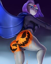 1girls ass big_ass blue_eyes breasts bubble_butt butt butt_crack cameltoe cape dc dc_comics female female_only forehead_jewel goth halloween huge_ass jewel leotard looking_at_viewer looking_back paint pale_skin presenting pumpkin_butt purple_hair pussy rachel_roth raven_(dc) short_hair solo standing straight_hair teen_titans theboogie