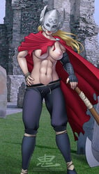 abs belly blonde_hair breasts cape elbow_gloves female female_only fingerless_gloves gauntlets gloves hair headgear helmet jane_foster lady_thor large_breasts long_hair marvel marvel_comics muscle muscular muscular_female navel nipples oni_(artist) solo thor_(series) toned_female