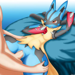 anthro bed defalt female female_lucario feral fur human interspecies lucario male male_human/female_anthro male_human/female_pokemon mammal mega_evolution mega_lucario nintendo nude penetration penis pokemon pokemon_(species) pokephilia pussy sex straight vaginal_penetration video_games yellow_fur