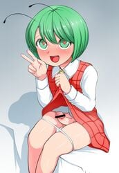 1boy antennae ascot bar_censor blush censored cosplay crossdressing green_eyes green_hair heart heart-shaped_pupils highres open_mouth penis plaid plaid_skirt plaid_vest rule_63 short_hair sitting skirt skirt_lift skirt_set smile solo symbol-shaped_pupils teikou touhou v wriggle_nightbug yuka_kazami yuka_kazami_(cosplay)