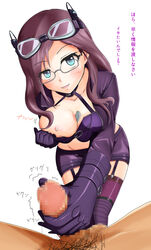 1boy between_breasts blue_eyes breast_slip censored clothed_female_nude_male female garter_straps glasses goggles goggles_on_head handjob highres hitofudegaki_usagi idolmaster idolmaster_cinderella_girls long_hair mosaic_censoring object_between_breasts one_breast_out penis pubic_hair purple_hair skirt smile thighhighs yagami_makino