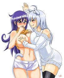 2girls ahoge animal_ears bare_shoulders black_legwear blue_eyes blush breast_grab breasts cat_ears cat_tail dress duel_masters female impossible_clothes impossible_sweater large_breasts multiple_girls naughty_face navel original_character purple_eyes purple_hair red_eyes ribbed_sweater sawati shirt short_dress short_shorts shorts silver_hair sweater sweater_dress sweater_lift tail tasogare_mimi thighhighs turtleneck twrlare yuri