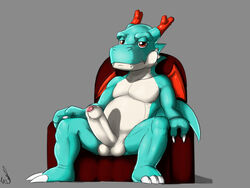 1boy anthro anthrofied armchair balls barefoot chair cute_fangs digimon dracomon dragon erection front_view horn humanoid_penis looking_at_viewer male male_only nude partially_retracted_foreskin pecs penis scalie seyrmo signature sitting solo spread_legs spreading uncut