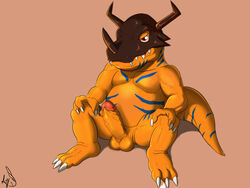 1boy barefoot ceratosaur ceratosaurid ceratosaurus digimon dinosaur erection greymon hands_on_knees horn humanoid_penis male male_only musclegut nude pecs penis red_eyes retracted_foreskin scalie seyrmo signature sitting sitting_down sitting_on_ground solo spread_legs spreading stripes uncut