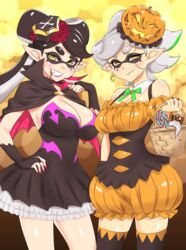 2girls beauty_mark black_hair callie_(splatoon) cleavage clothing cosplay dress female grey_hair halloween inkling marie_(splatoon) mask mole multiple_girls nintendo pale_skin pointy_ears smile splatoon squid_sisters standing straight_hair taka-michi yellow_eyes