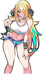 1girls big_breasts blonde_hair busty cleavage curvy cynthia_(pokemon) denim denim_shorts enpe female female_only grey_eyes hair_over_one_eye hips human human_only large_breasts legs long_hair nintendo pokemon pose posing sensual shorts smile tank_top thick_thighs thighs