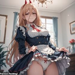 ai_generated bedroom blonde_hair breasts chainsaw_man horns horns_girl lifting_clothing lifting_skirt looking_at_viewer maid maid_outfit maid_uniform orange_eyes panties power_(chainsaw_man) smirk upskirt white_panties