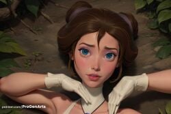 1girls ai_generated artist_name bare_shoulders blue_eyes brown_hair disney double_bun freckles gloves hair_bun hi_res jane_porter leaf lips looking_at_viewer lying on_back outdoors parted_lips portrait progenarts short_hair solo tarzan_(1999_film) walt_disney web_address white_gloves