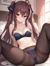 ai_generated blush bra brown_hair camel_toe epic7 heterochromia highres luluca_(epic7) pantyhose spread_legs strapless twintails