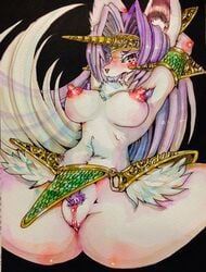 absurd_res anthro big_breasts blush breasts canine censored erect_nipples female fur hair hi_res horn legend_of_mana long_hair mammal mana_(series) mangus0723 nipples pubes purple_hair pussy raised_arm sierra_(mana) solo spread_legs spreading video_games white_fur