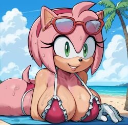 ai_generated amy_rose beach bikini cleavage furry furry_female green_eyes mobian_(species) outdoors outside pink_fur pink_hair sonic_(series) sonic_the_hedgehog_(series) stable_diffusion sunglasses sunglasses_on_head tail wet_body