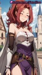 1girls ai_generated anime anime_style armor bangs bare_shoulders belt bitch_(shield_hero) blue_sky blush boobplate breastplate breasts building bust busty cape castle cleavage closed_eyes closed_mouth cloud cowboy_shot day detached_sleeves dress female female_focus female_only gauntlets hair_ornament high_ponytail long_hair malty_s_melromarc medium_breasts natsuyoru non-asian outdoors parted_bangs pelvic_curtain ponytail purple_dress red_hair side_slit sky smile solo solo_female standing strapless strapless_dress tate_no_yuusha_no_nariagari the_rising_of_the_shield_hero thighs voluptuous voluptuous_female white_cape