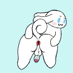 1:1 anthro anus ass balls big_balls big_butt big_penis blue_eyes blush canid canine canis cinnamon_(cinnamoroll) cinnamoroll cinnamoroll_(series) digital_media_(artwork) domestic_dog erection exposed_glans foreskin fur genitals glans hand_on_butt humanoid_genitalia humanoid_penis jimi_horny_wolf9 long_ears looking_at_viewer low_res male mammal nude penis presenting presenting_hindquarters red_anus rolled_up_tail sanrio simple_background smile solo tail white_body white_fur