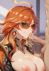 1boy ai_generated big_breasts blowjob_face cumming fellatio fellatio_face female genshin_impact hypet mavuika_(genshin_impact) red_hair shiny shiny_skin tagme upper_body