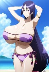 ai_generated beach big_breasts bikini bikini_bottom bikini_top breasts cleavage clouds collarbone ebisuya_honpo fate/grand_order fate_(series) female heavy_breasts huge_breasts large_breasts mature_female milf minamoto_no_raikou_(fate) minamoto_no_raikou_(fate/grand_order) minamoto_no_raikou_(swimsuit_lancer) sky solo