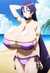 ai_generated beach big_breasts bikini bikini_bottom bikini_top breasts cleavage clouds collarbone ebisuya_honpo fate/grand_order fate_(series) female heavy_breasts huge_breasts large_breasts mature_female milf minamoto_no_raikou_(fate) minamoto_no_raikou_(fate/grand_order) minamoto_no_raikou_(swimsuit_lancer) sky solo