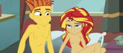 after_sex alex_seville_(oc) aqua_eyes bed belly_button breasts breasts brother_and_sister equestria_girls green_eyes incest naked_female naked_male oc orange_hair red_hair siblings sunset_shimmer yellow_hair