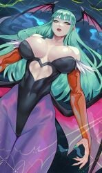 1girls armwear big_breasts calad_g capcom darkstalkers female female_only green_eyes green_hair green_nail_polish head_wings heart_cutout hi_res leotard long_hair looking_at_viewer morrigan_aensland narrowed_eyes pantyhose purple_pantyhose red_lipstick sharp_fingernails slit_pupils solo succubus succubus_wings thick_thighs thigh_gap wings