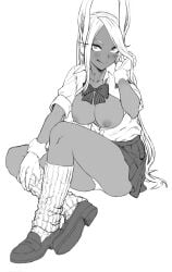 1girls alternate_costume animal_ears blush breasts breasts_out bunny_ears bunny_tail cleavage dark-skinned_female female full_body gloves greyscale knee_up large_breasts loose_socks miruko my_hero_academia nipples no_bra open_clothes open_shirt panties pleated_skirt prime_(prime_tw) rabbit_girl rumi_usagiyama school_uniform sitting skirt solo thighs tongue tongue_out underwear