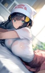 ai_generated aqua_eyes bare_arms bare_legs bare_thighs bed bed_sheet big_breasts blue_hair blush breasts closed_mouth dawn_(pokemon) hair_ornament hat indoors long_hair lying on_stomach pink_skirt pokemon see-through_shirt setsuaiart shiny_skin shirt short_sleeves skirt sweatdrop thighs white_shirt